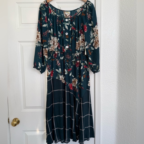 Anthropologie Fig & Flower Floral Plaid Forest Green Midi Dress Large NWT - Picture 2 of 9